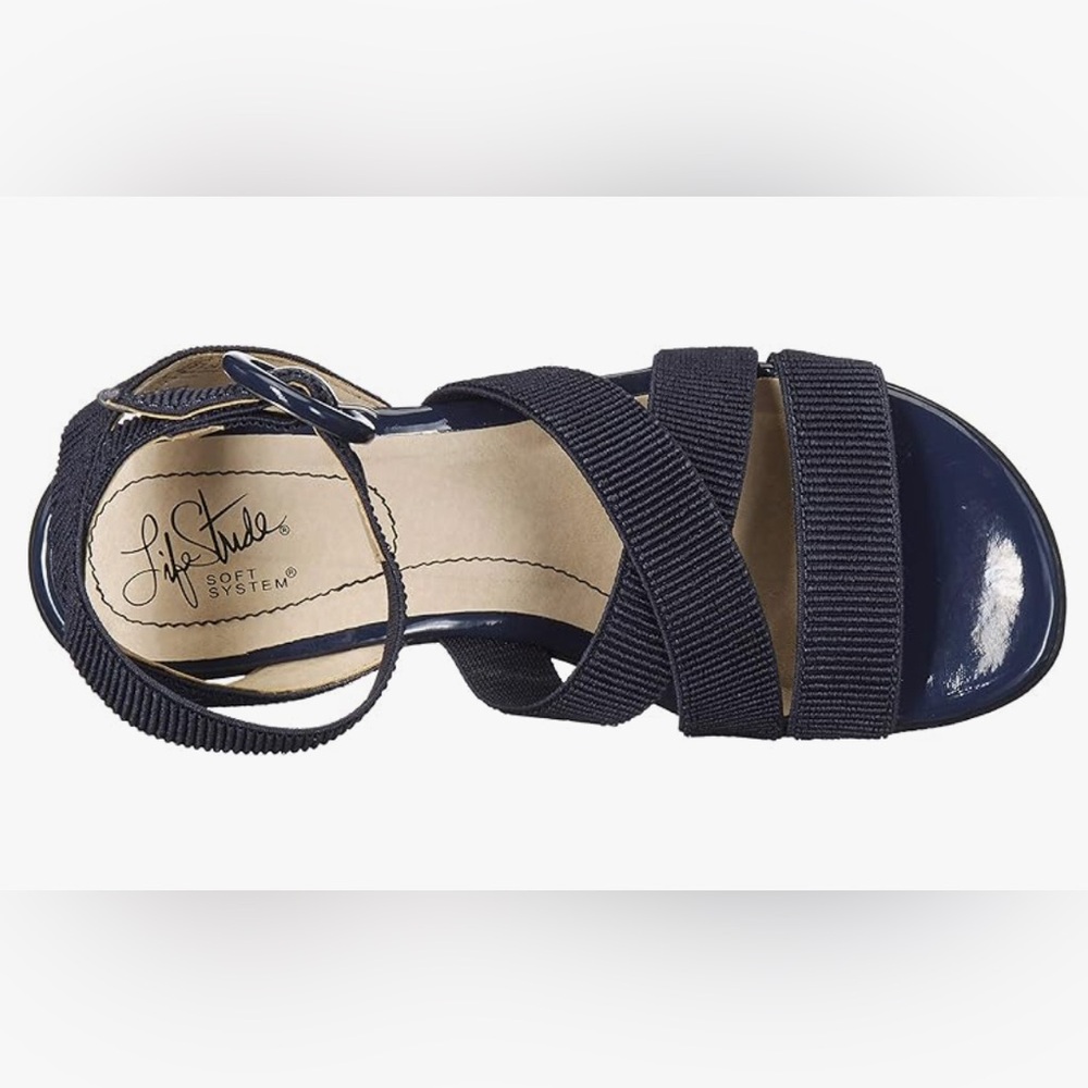 NIB [Life Stride] Temple Ankle Strap Flat Wedge Sandals Navy Blue Women’s 6 Wide - Picture 3 of 13